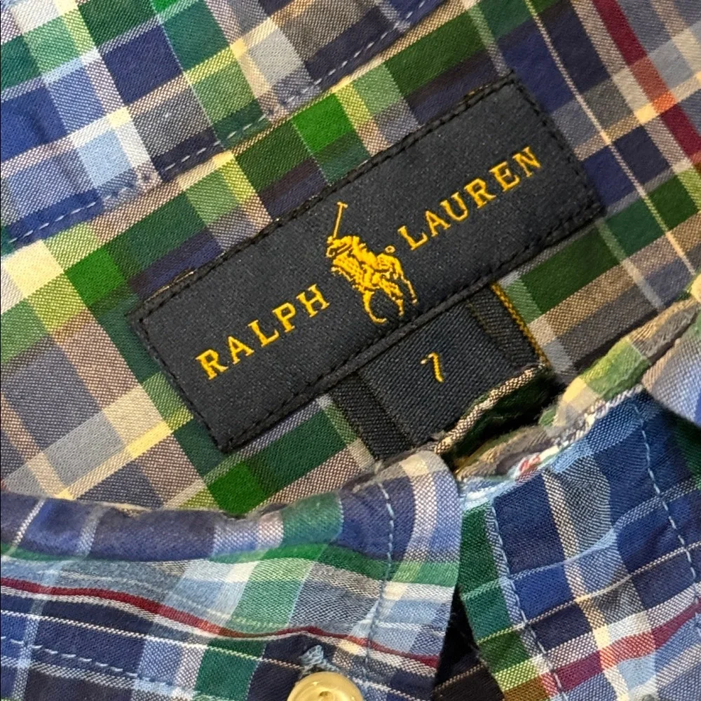 Polo Ralph Lauren Boys 7 Blue Green Plaid Cotton Long Sleeve Button Down Shirt